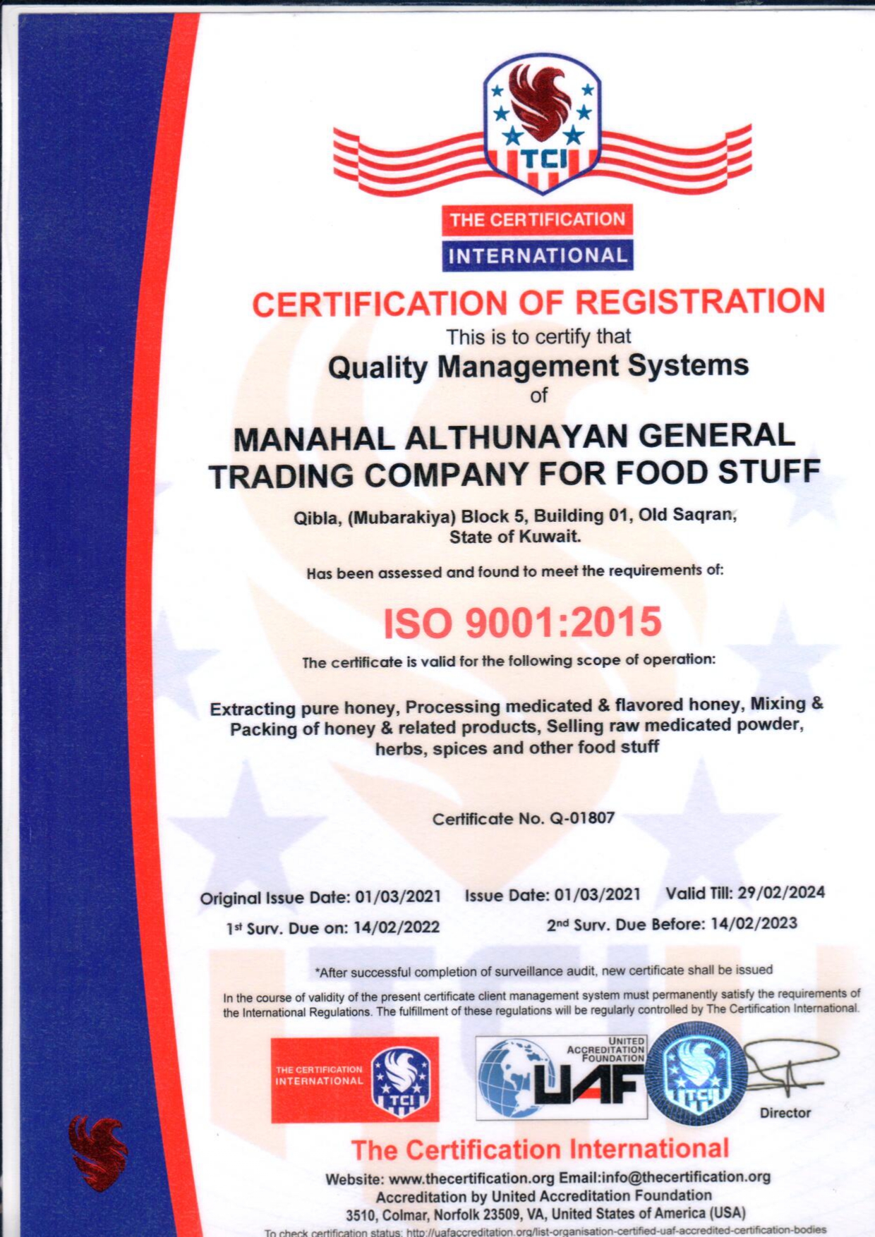 Certificate from Quality Management (ISO 9001) that has been evaluated that honey meets the general requirements and conditions